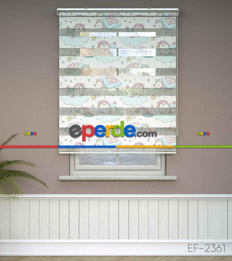 Unicorn Desenli Baskılı Zebra Perde- Çok Renkli
