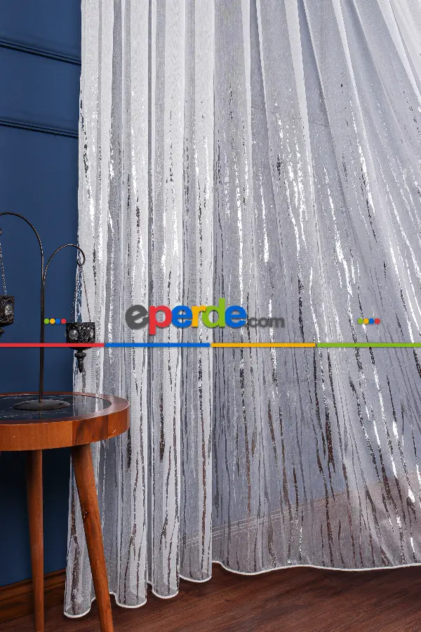 Salon Tül - Akarsu Dijital Baskı Tül Perde Ekru-gümüş