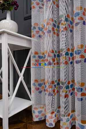 Hazır Ölçülü Petek Zemin Turuncu Ve Lacivert Renkli Geometrik Desenli Grek Baskılı Tül Perde