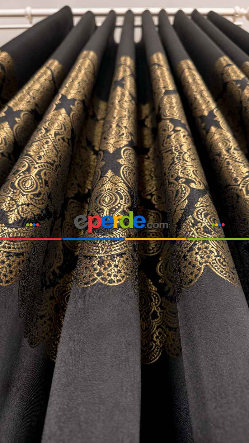 Siyah Altın Fon Perde, Damask Desenli, Pano Fon Perde