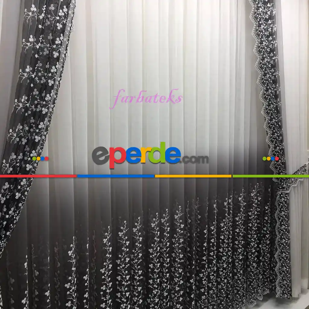 Gri Antrasit Füme Beyazrenk Geçişli Çiçekli Fon Perde 70cm X 275cm 