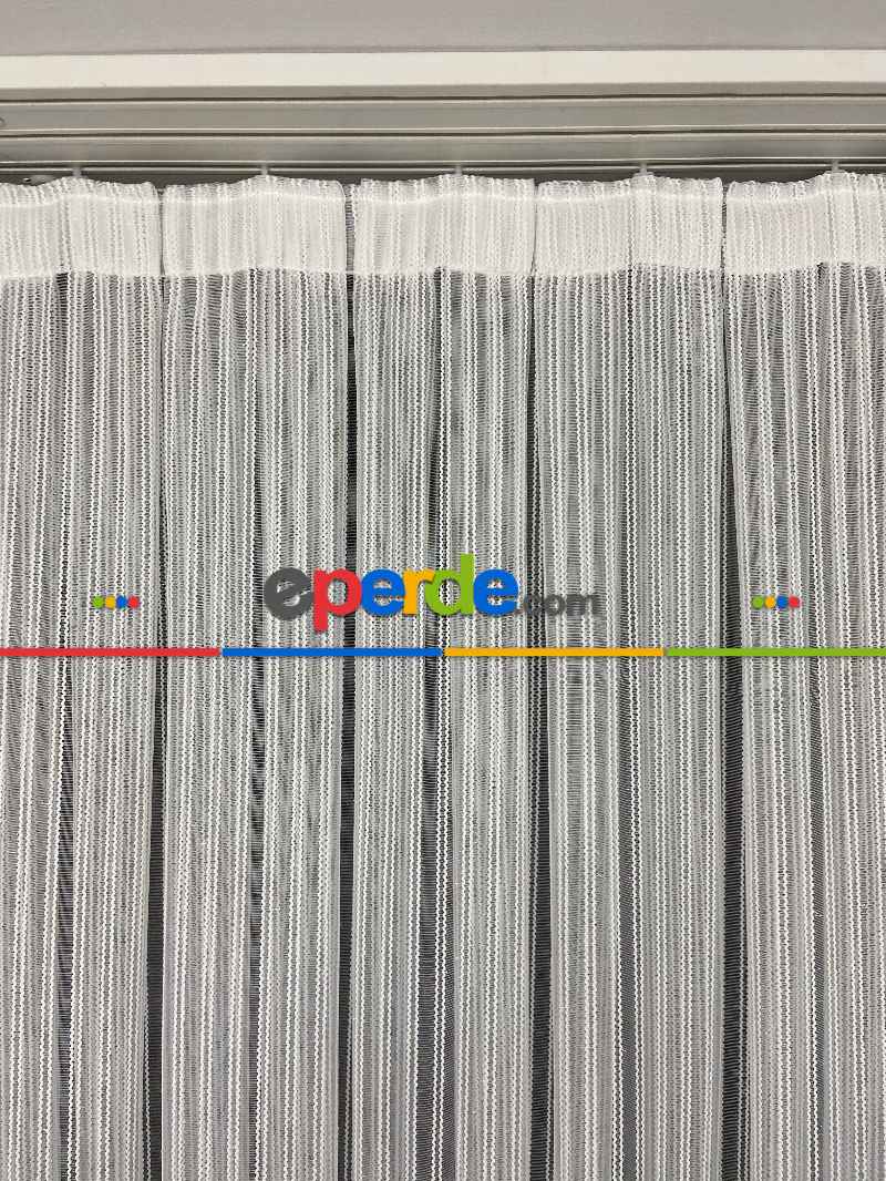 Zincir Tül Boyuna Çift Çizgili Sakallı Tül- Ekru - Kurşunlu Tül