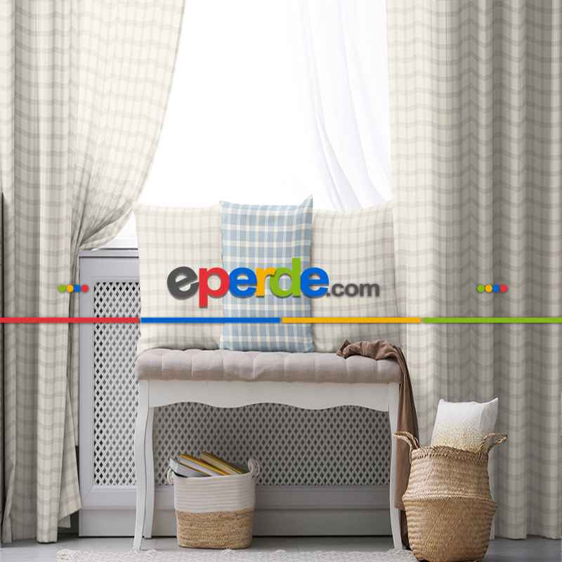 Kız ve Erkek Bebek Odası Fon Perde - Krem Bej - Ekose Desenli