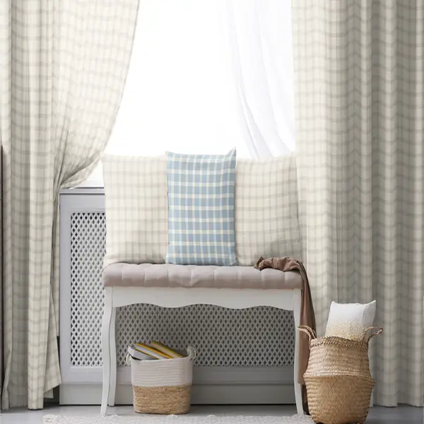 Kız ve Erkek Bebek Odası Fon Perde - Krem Bej - Ekose Desenli