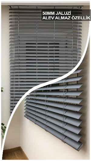 50mm Açık Gri Ahşap Efektli Jaluzi Perde Alev Almaz Özellik- Gri Açık