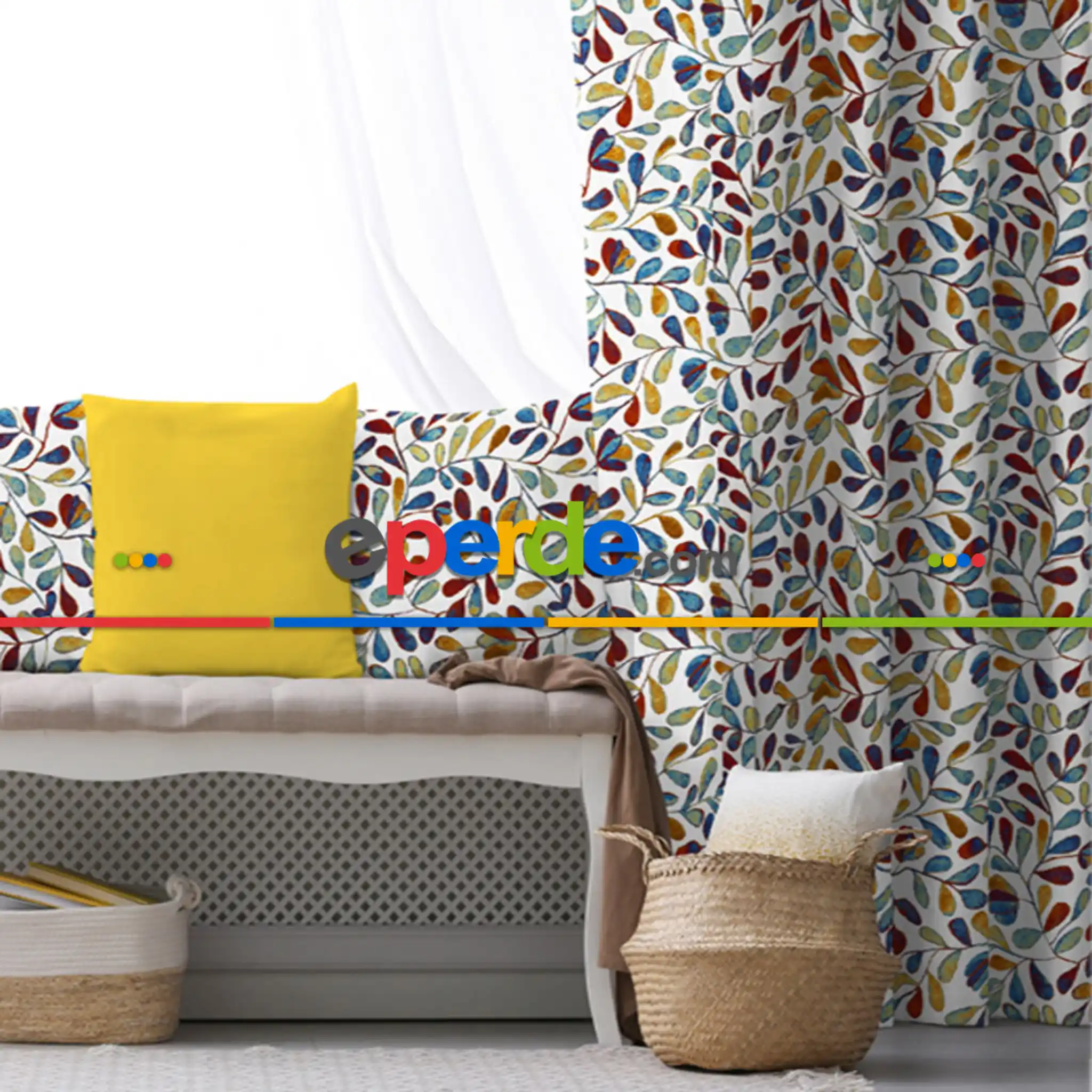 Yaprak Desenli Fon Perde Evim784 Kumaşı Kalındır Duck Bezi Değildir- Mavi-beyaz