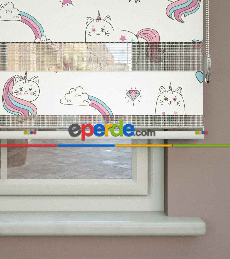 Unicorn Desenli Baskılı Zebra Perde- Çok Renkli