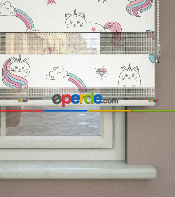 Unicorn Desenli Baskılı Zebra Perde- Çok Renkli