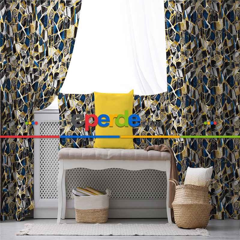 Oturma Odası Fon Perde Evim736 Kumaşı Kalındır Duck Bezi Değildir- Mavi-beyaz