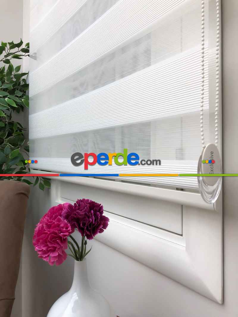 Salon Zebra Perde - Ekru Renk, Yüksek Kalite İnce Plise Zebra Perde - Kornişe Kolay Montaj Ayağı Seçenekli - Standart Metal Kasalı