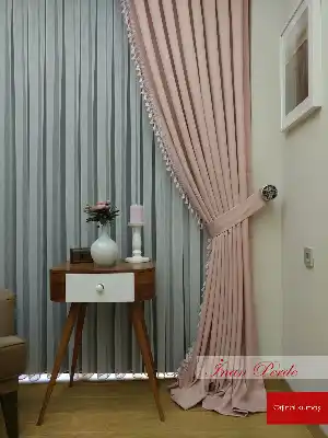Pudra Pembe Renk Saçaklı Fon Perde- Pembe Açık