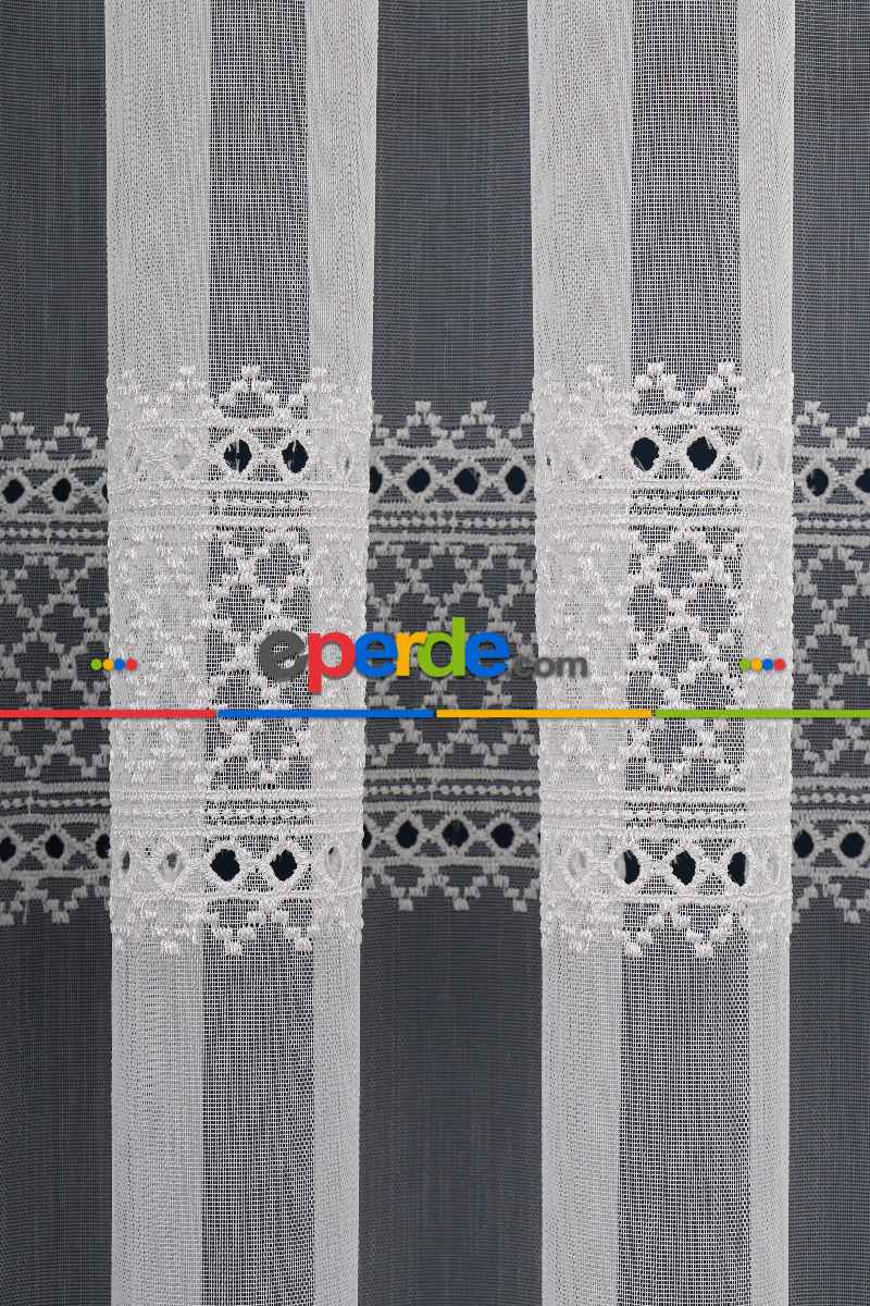 Salon Tül - Enine Bantlı Avangart Nakış İşlemeli Tül Perde