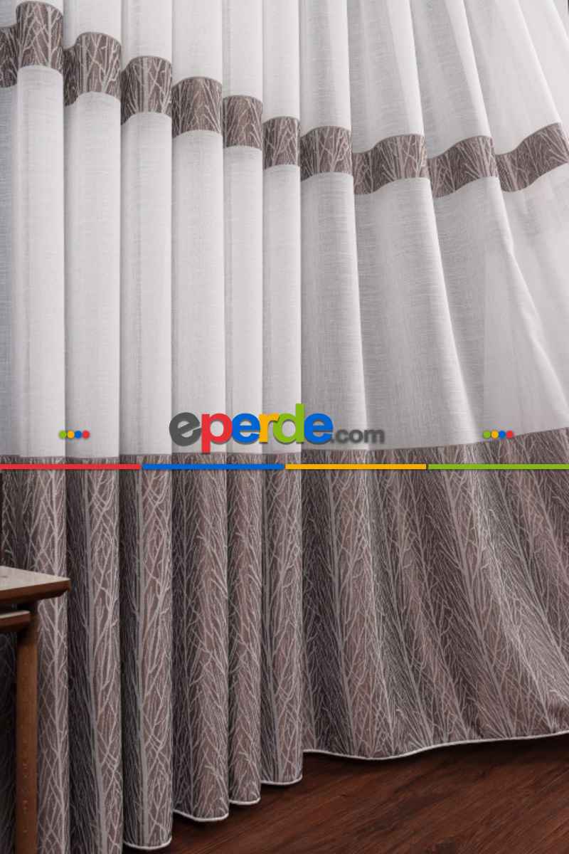 Salon Tül Modelleri - Keten Etek Dokuma Ekru-gri Tül Perde