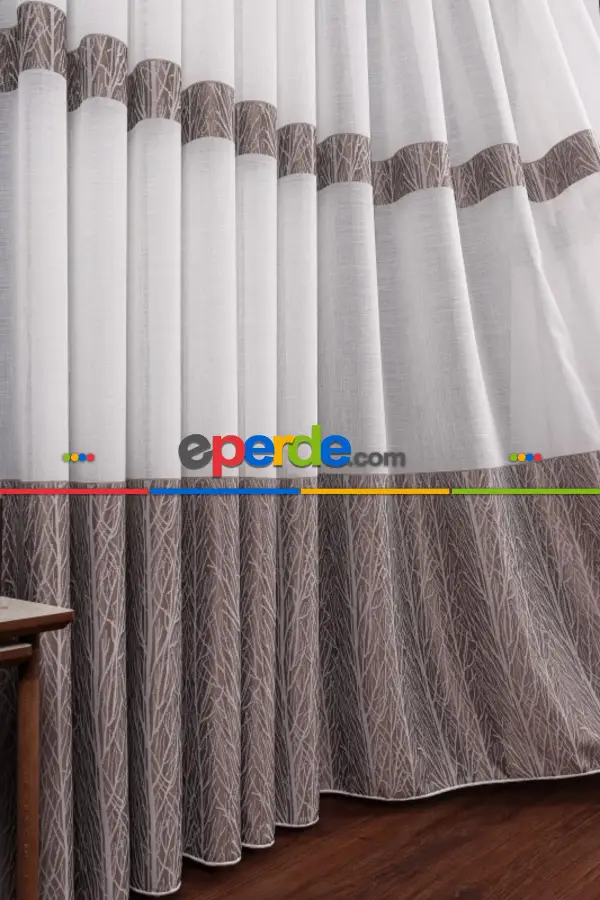 Salon Tül Modelleri - Keten Etek Dokuma Ekru-gri Tül Perde