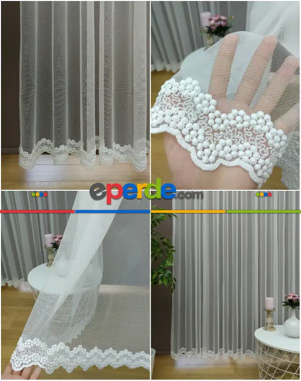 Ekru Tül Perde Etek Ucu Nakış İşlemeli Grek Düz Zemin- Ekru