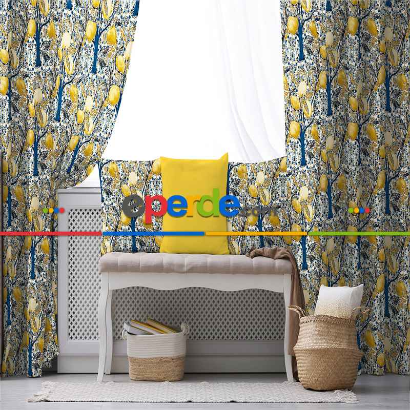 Limon Ağaç Desenli Fon Perde Evim758 Kumaşı Kalındır Duck Bezi Değildir- Mavi-beyaz