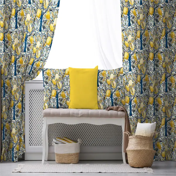 Limon Ağaç Desenli Fon Perde Evim758 Kumaşı Kalındır Duck Bezi Değildir- Mavi-beyaz