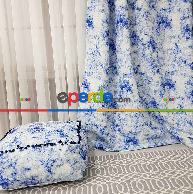 Ikat Desenli Fon Perde Evm1508 Kumaşı Kalındır Duck Bezi Değildir- Mavi