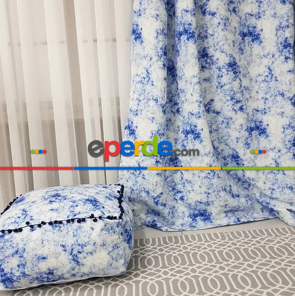 Ikat Desenli Fon Perde Evm1508 Kumaşı Kalındır Duck Bezi Değildir- Mavi