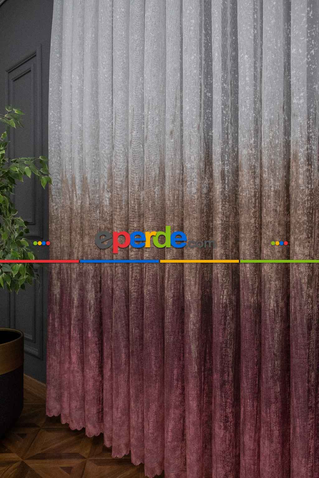 Hazır Ölçü Modern Pembe Ve Kahverengi Desenli Degrade Geçişli Örme Tül Perde Yüksek Kalite