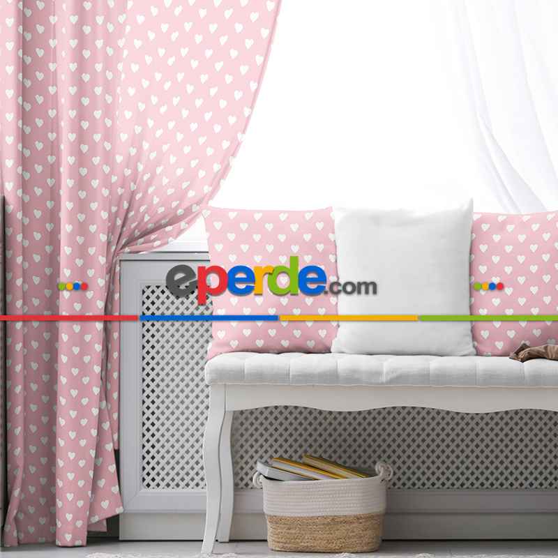 Kız Bebek Odası Fon Perde - Pembe Beyaz - Kalp Desenli
