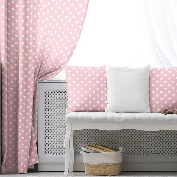 Kız Bebek Odası Fon Perde - Pembe Beyaz - Kalp Desenli