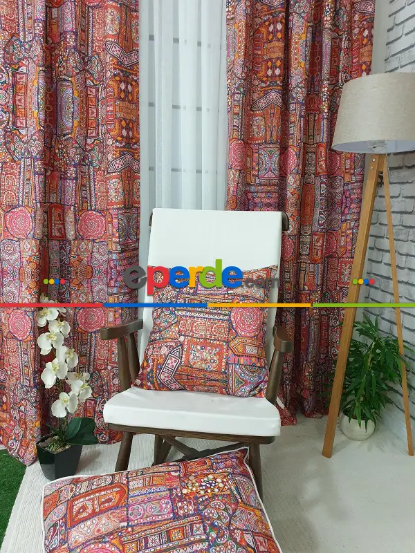 Hint El İşlemesi Desenli Baskılı Fon Perde - Kampanyalı Kaliteli Ürün- Turuncu- Çok Renkli 3