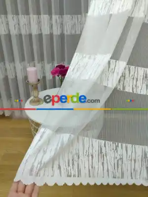 Enine Çizgili Bantlı Tül Perde ( Hazır Ölçü 1/2.5 Normal Pile )- Ekru 200cm X 195cm 