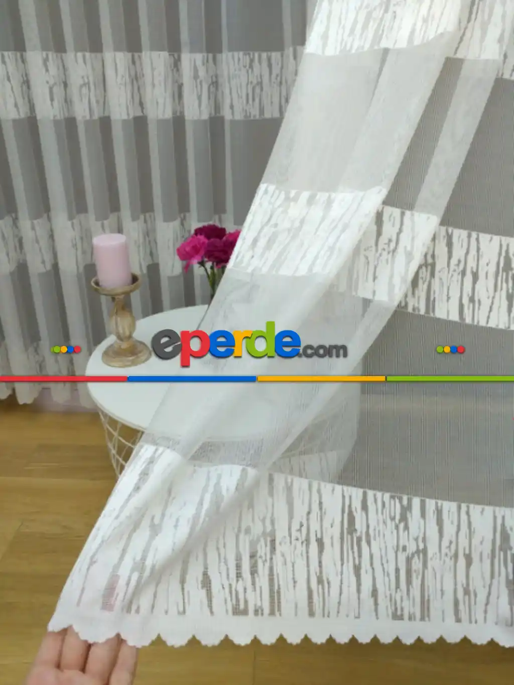 Enine Çizgili Bantlı Tül Perde ( Hazır Ölçü 1/2.5 Normal Pile )- Ekru 200cm X 195cm 