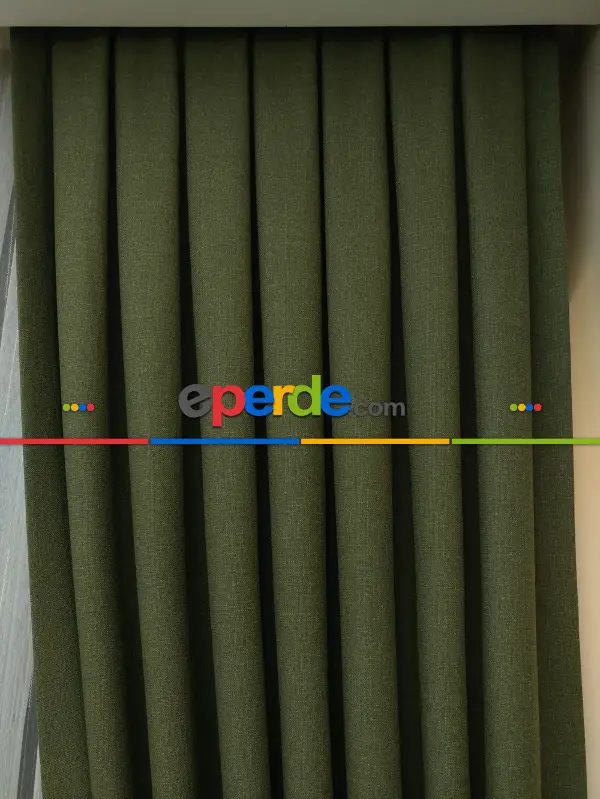 Salon Perdesi - Haki Yeşili - Düz Keten Fon Perde (  Keten Fon Perde)- Yeşil