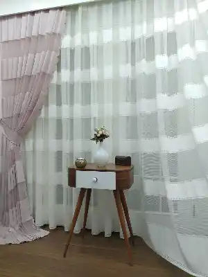 Brilliant Tül Perde Enine Çizgili Tül Perde ( Hazır Ölçü 1/2.5 Normal Pile )- Ekru 240cm X 195cm 