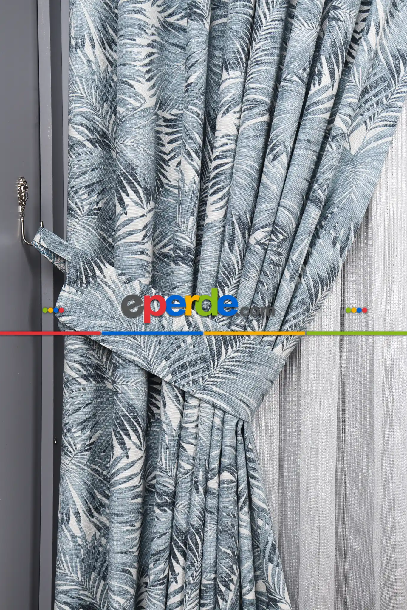 Salon - Tropikal Yaprak Desenli Fon Perde(leke Tutmaz)-  Çok Renkli 2