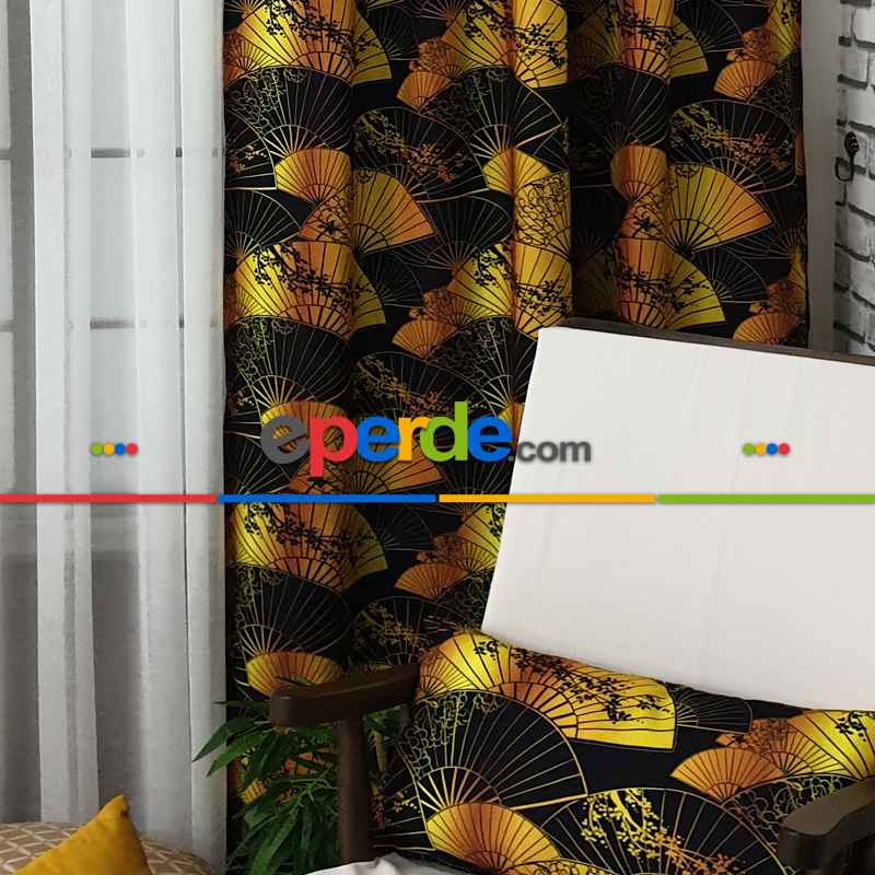 Japon Yelpaze Desenli Fon Perde Evm698 Kumaşı Kalındır Duck Bezi Değildir- Siyah