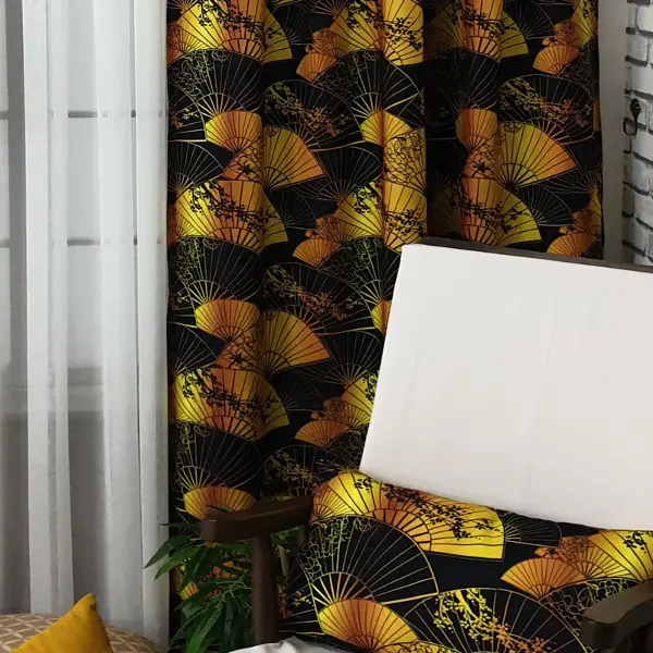 Japon Yelpaze Desenli Fon Perde Evm698 Kumaşı Kalındır Duck Bezi Değildir- Siyah