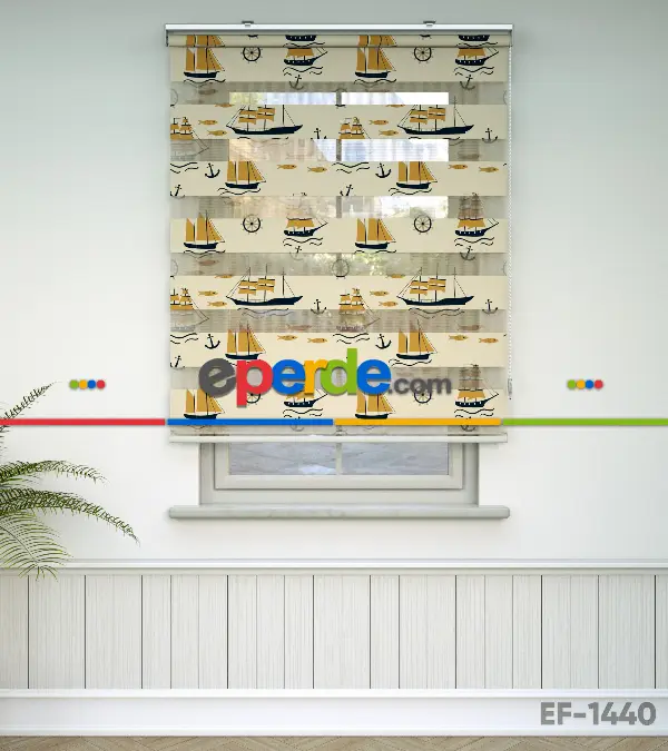 Çocuk Odası Zebra - Denizci Desenli Baskılı Zebra Perde- Siyah-Taba-Çok Renkli-Açık Camel