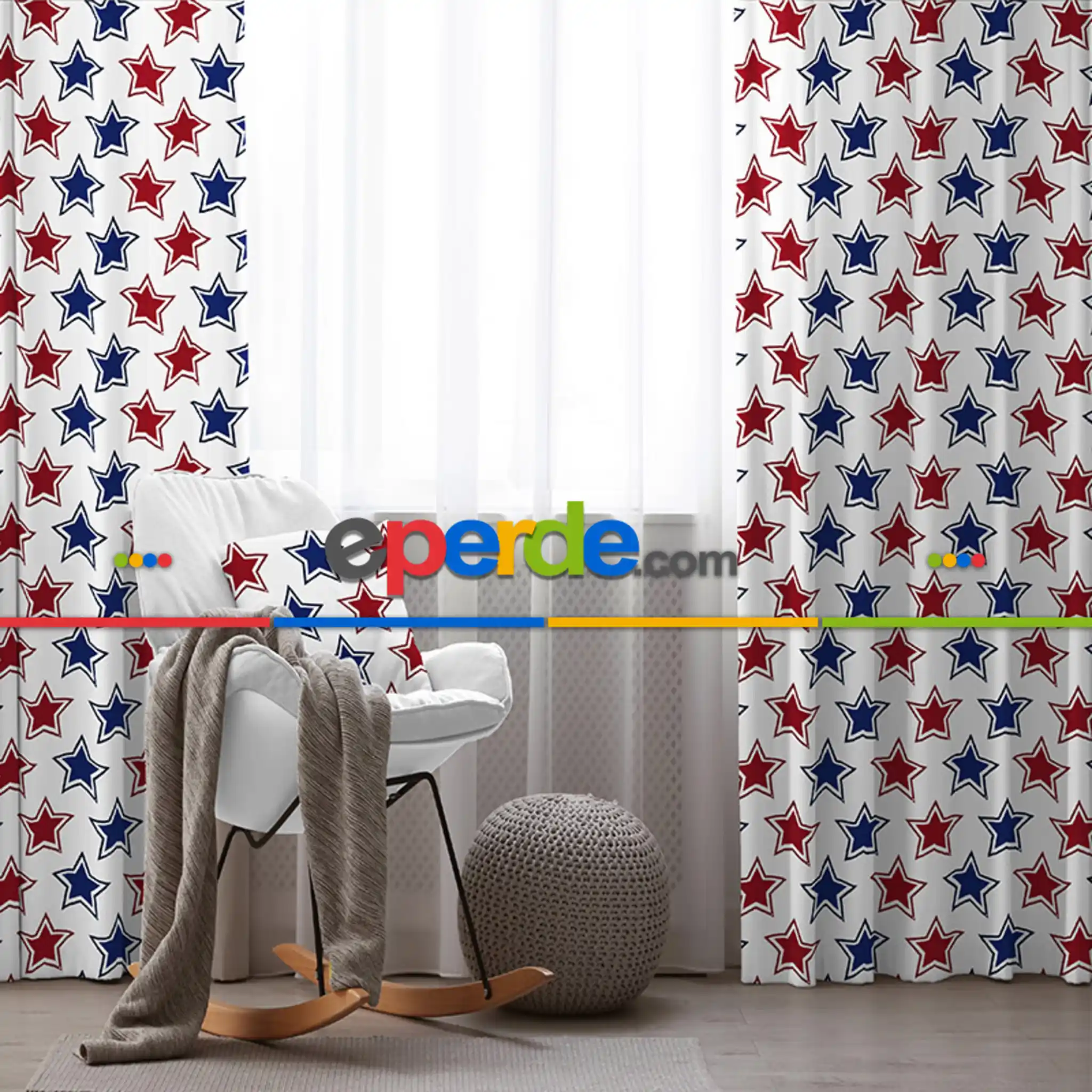 Yıldız Desenli Fon Perde Evim408-15 Kumaşı Kalındır Duck Bezi Değildir- Mavi-beyaz