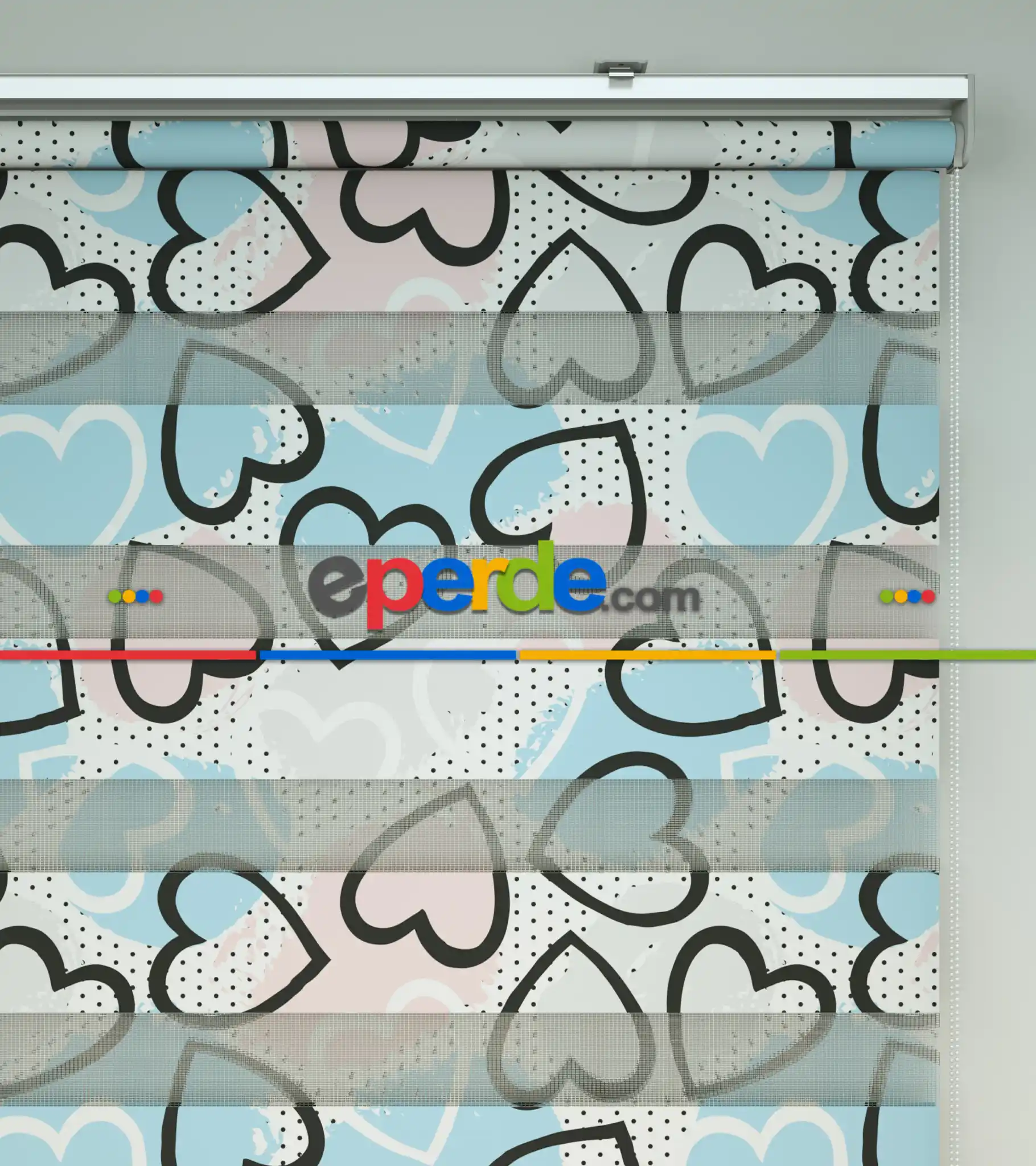 Bebek Odası Zebra -  Kalp Desenli Baskılı Zebra Perde- Çok Renkli