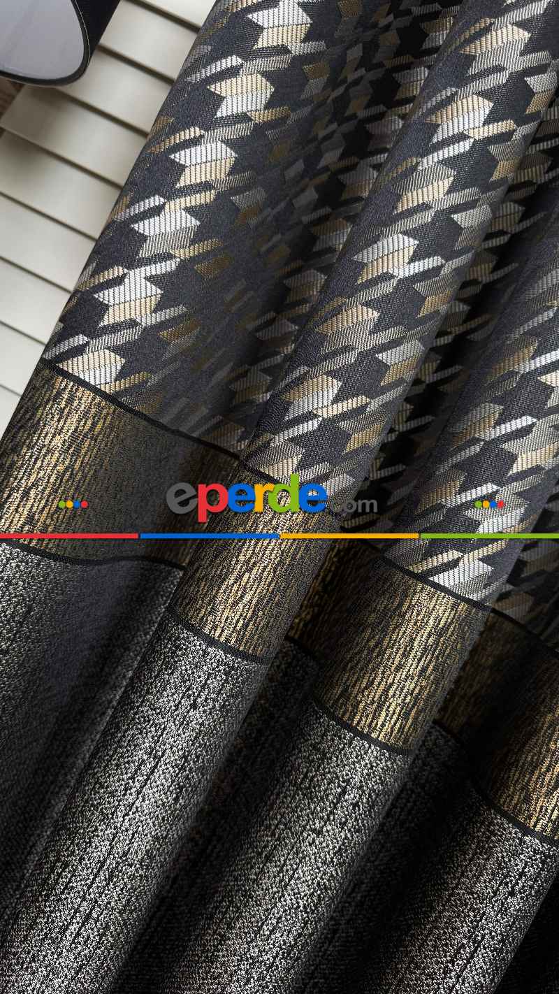 Antrasit Gri Altın Fon Perde, Pano Kazayağı Desenli Jakar Dokuma Fon Perde