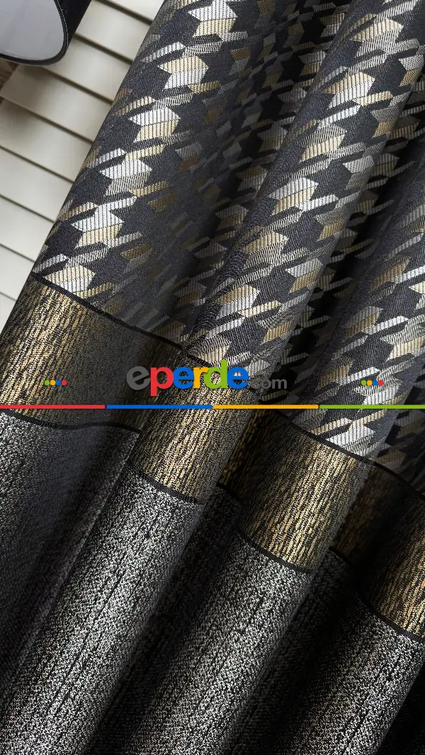 Antrasit Gri Altın Fon Perde, Pano Kazayağı Desenli Jakar Dokuma Fon Perde