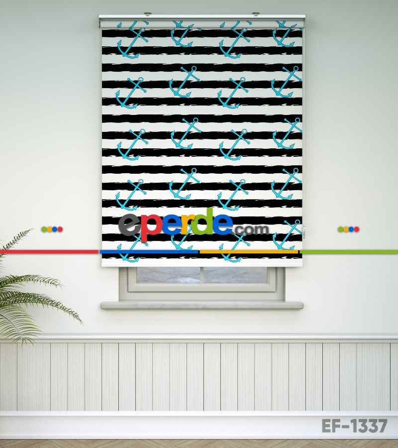 Çapa Desenli Baskılı Stor Perde- Siyah-turkuaz-ekru-çok Renkli