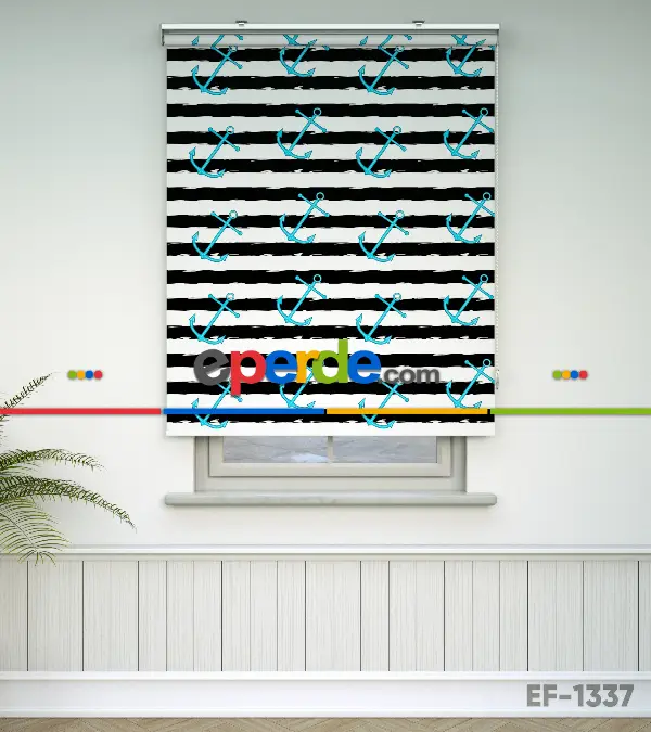 Çocuk Odası Stor Perde - Çapa Desenli Baskılı Stor Perde- Siyah-Turkuaz-Ekru-Çok Renkli