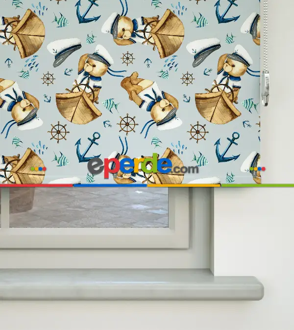 Kaptan Köpekçik Baskılı Stor Perde- Mavi-beyaz-kahve