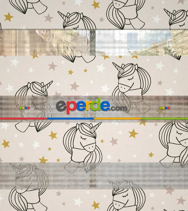 Unicorn Desenli Baskılı Zebra Perde- Çok Renkli