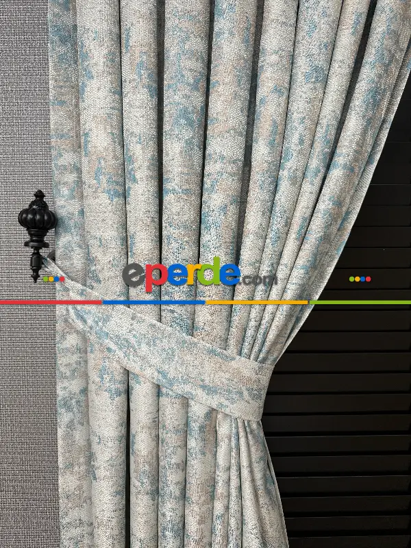 Yatak Odası - PatineDesenli Bej Turkuaz Desenli Jakar Fon Perde (180)- Turkuaz Yeşili Ara Renk