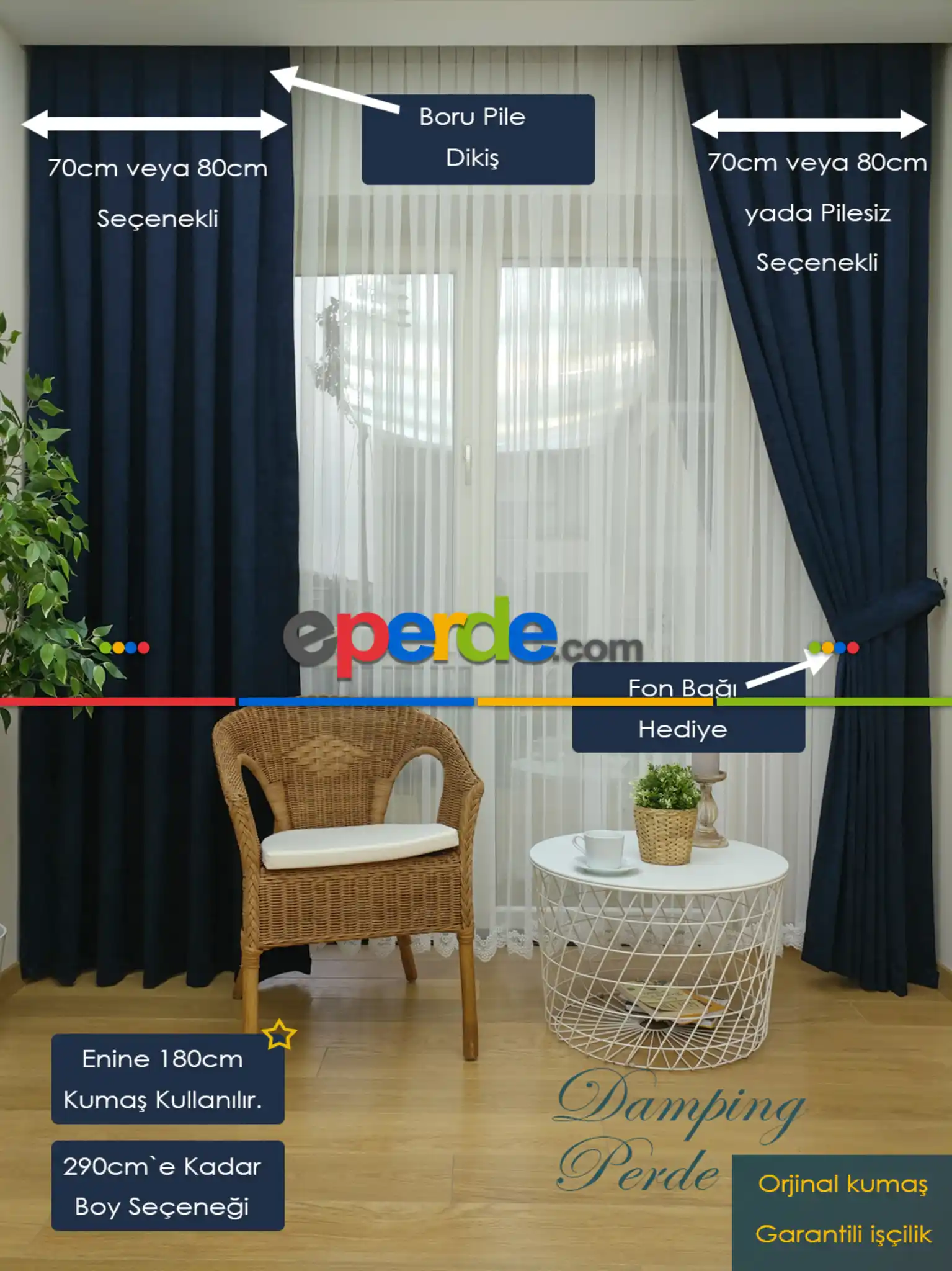 Koyu Lacivert Düz Fon Perde - Boru Pile- Lacivert