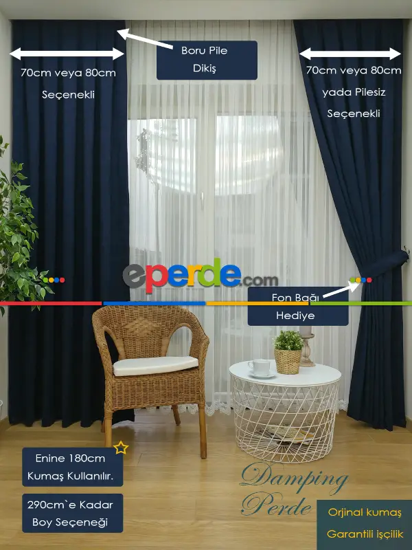 Koyu Lacivert Düz Fon Perde - Boru Pile- Lacivert