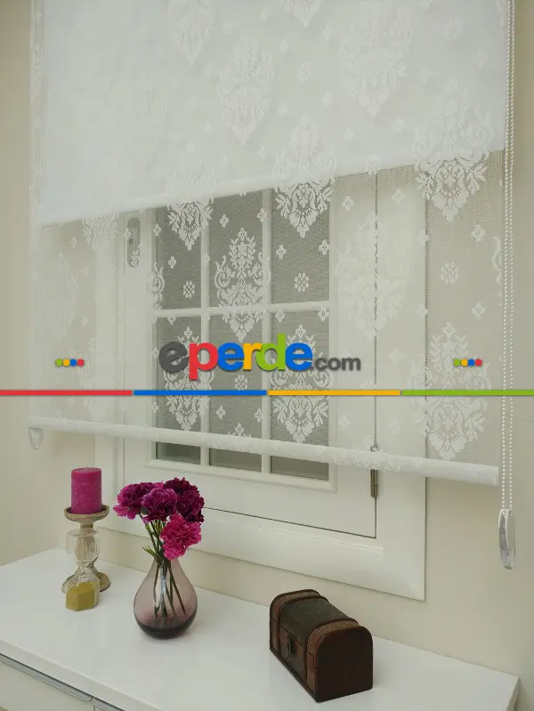 Jakar Örme Tül- Ekru Çiftli Sistem Dantel Desenli Perde- Ekru