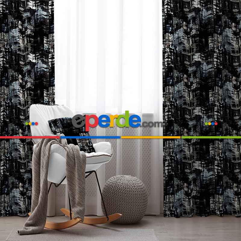 Oturma Odası Fon Perde Evim1504 Kumaşı Kalındır Duck Bezi Değildir- Mavi-beyaz