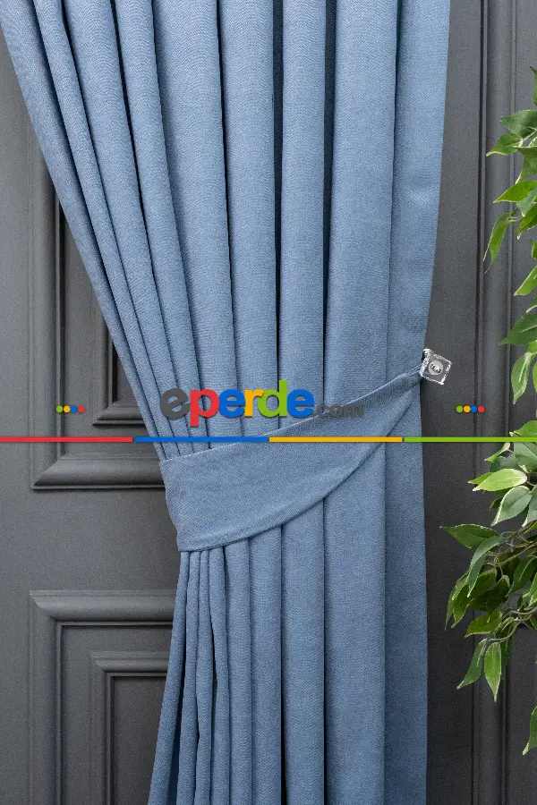 Salon - Mavi Rengi Düz Fon Perde En  Dökümlü Fon Perde