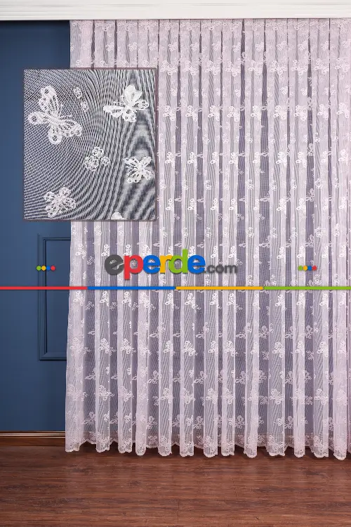 Kız Çocuk Ve Bebek Odası Tül - Pembe - Kelebek Desenli Örme Tül Perde